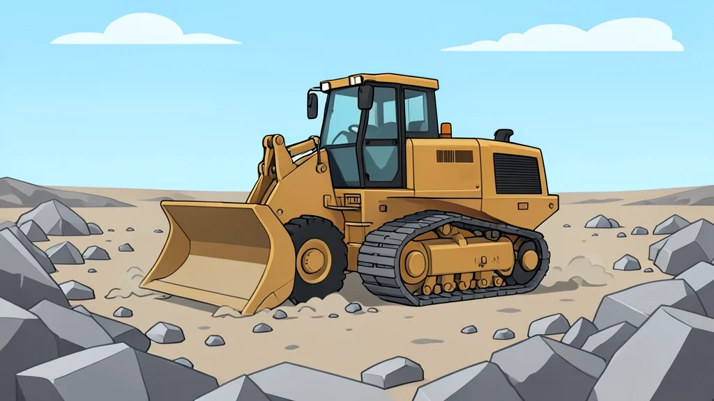 A heavy construction bulldozer sitting idle in a vast field of grey concrete rubble and dust