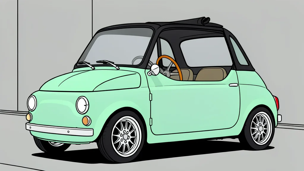 A small, rounded electric car with a fabric canopy and wooden steering wheel details