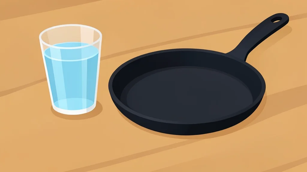 A glass of clear water sitting on a wooden table next to a non-stick frying pan