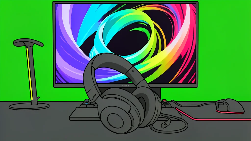 A pair of over-ear headphones with glowing red LED lights resting on a dark wooden desk