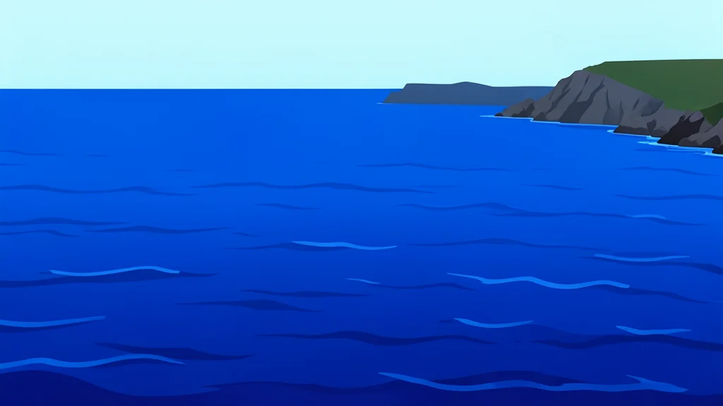 A vast expanse of deep blue sea water with gentle waves, viewed from a high vantage point, with the silhouette of a distant rocky coastline in the background.