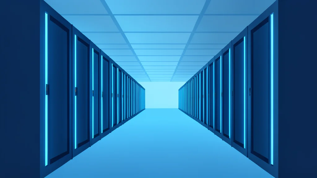 A vast warehouse filled with rows of server racks and glowing blue lights