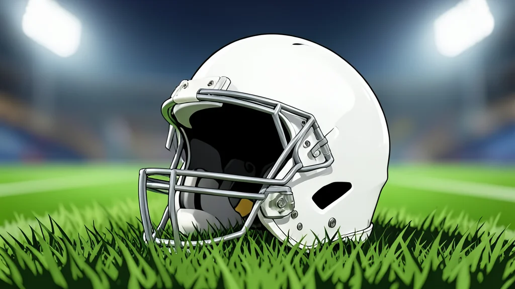 A flat-vector illustration of a green football field with white yard lines and a goalpost in the distance.