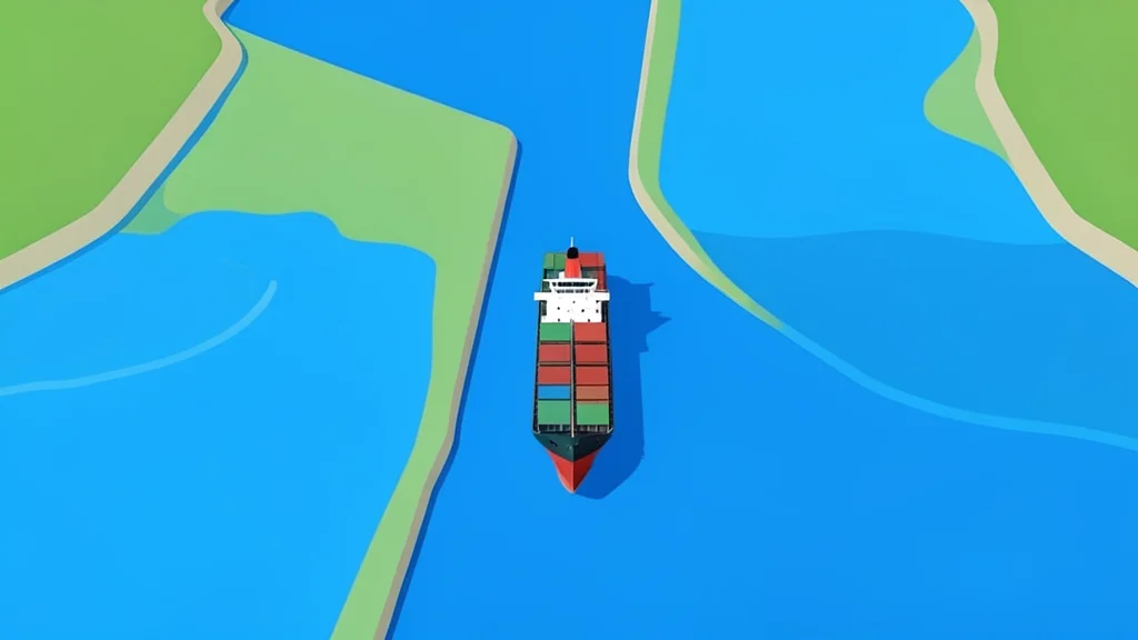 A narrow strait connecting two large bodies of water with a cargo ship passing through