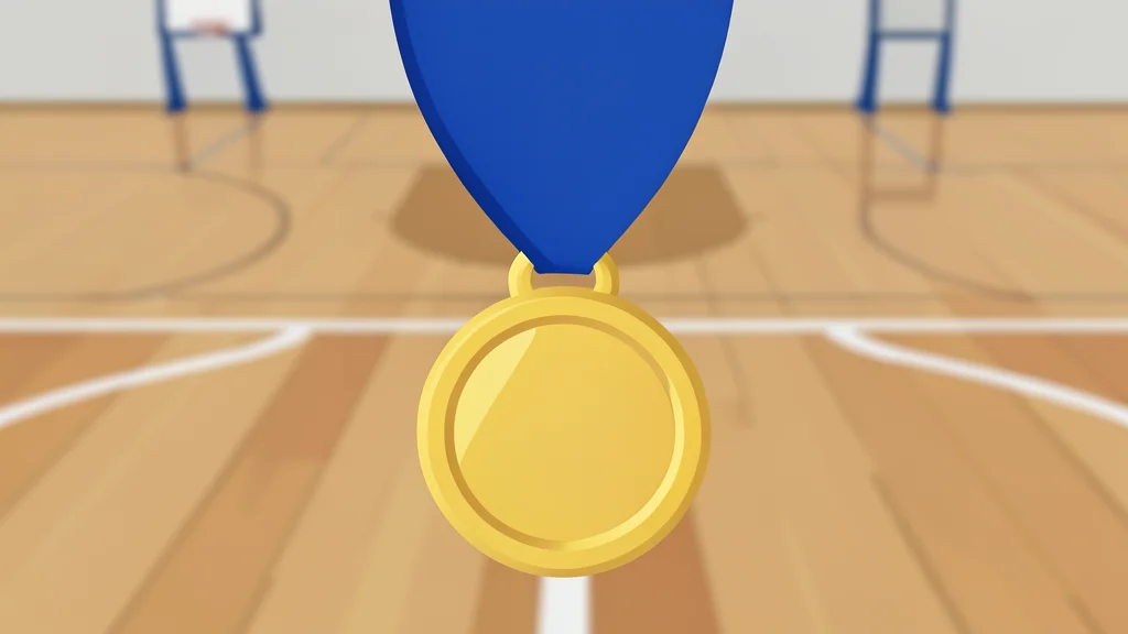 A polished gold medal hanging from a blue ribbon against a blurred background of a basketball court