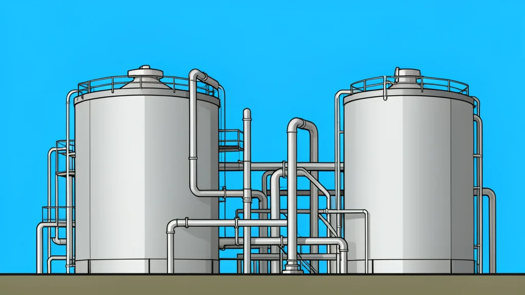 A large industrial gas processing facility with silver pipes and tanks against a blue sky