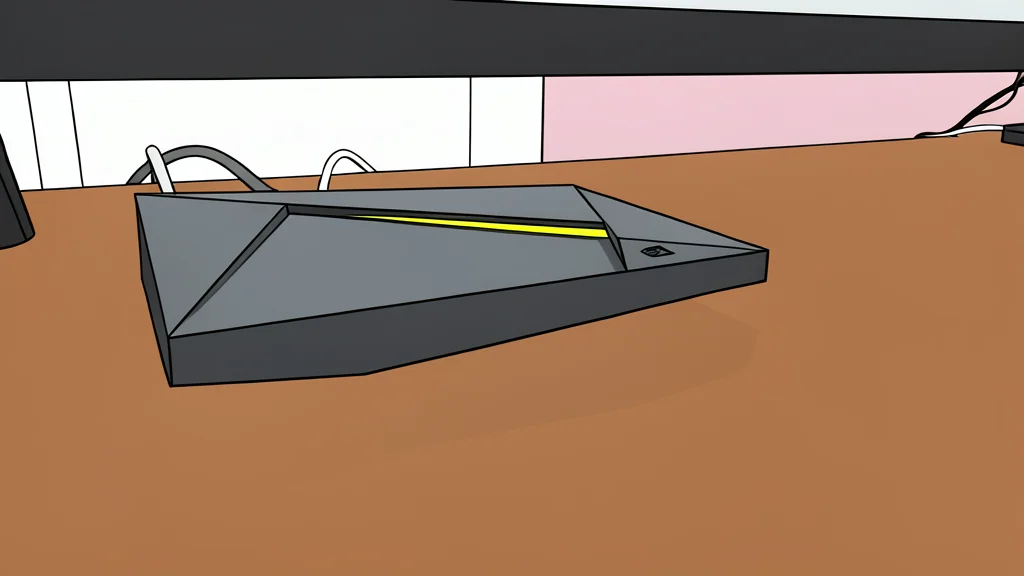 A matte black rectangular media streaming box with a single glowing status light sitting on a wooden shelf next to a coiled HDMI cable.