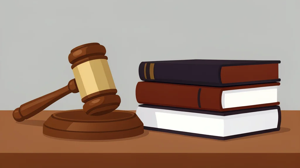 A wooden gavel resting on a desk beside a stack of leather-bound legal books