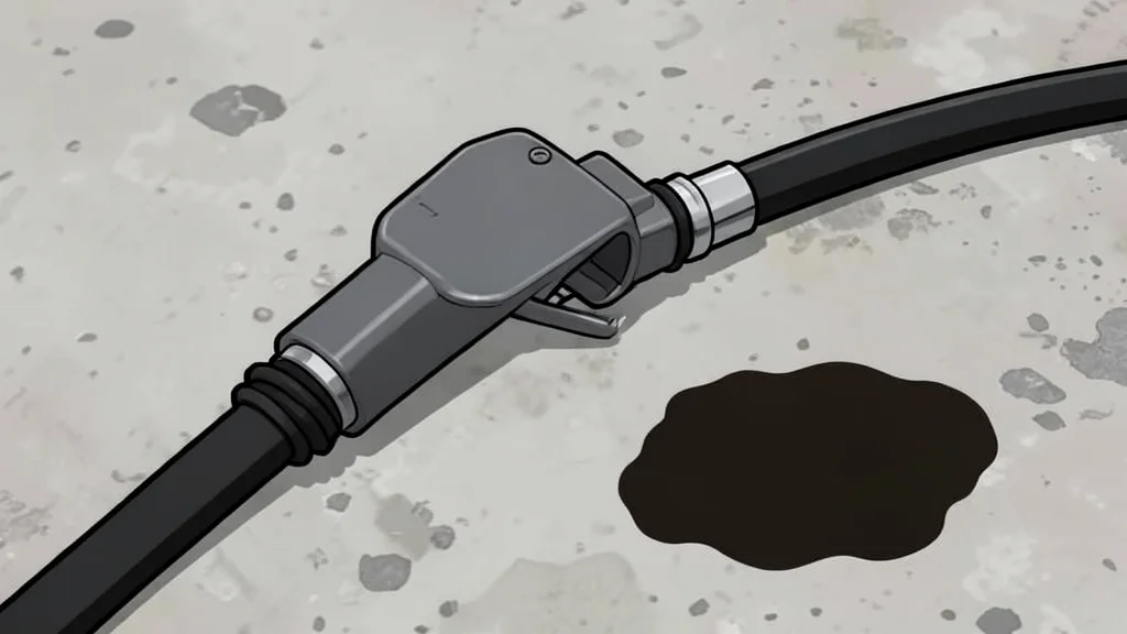 A fuel pump nozzle resting on a concrete surface next to a puddle of liquid