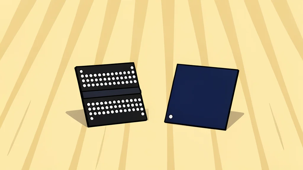 A close-up vector illustration of a black computer memory chip with gold pins resting on a dark surface.