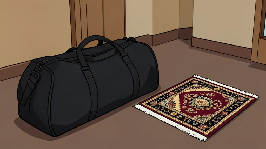 A long black duffel bag resting on a hotel room carpet next to a folded prayer rug