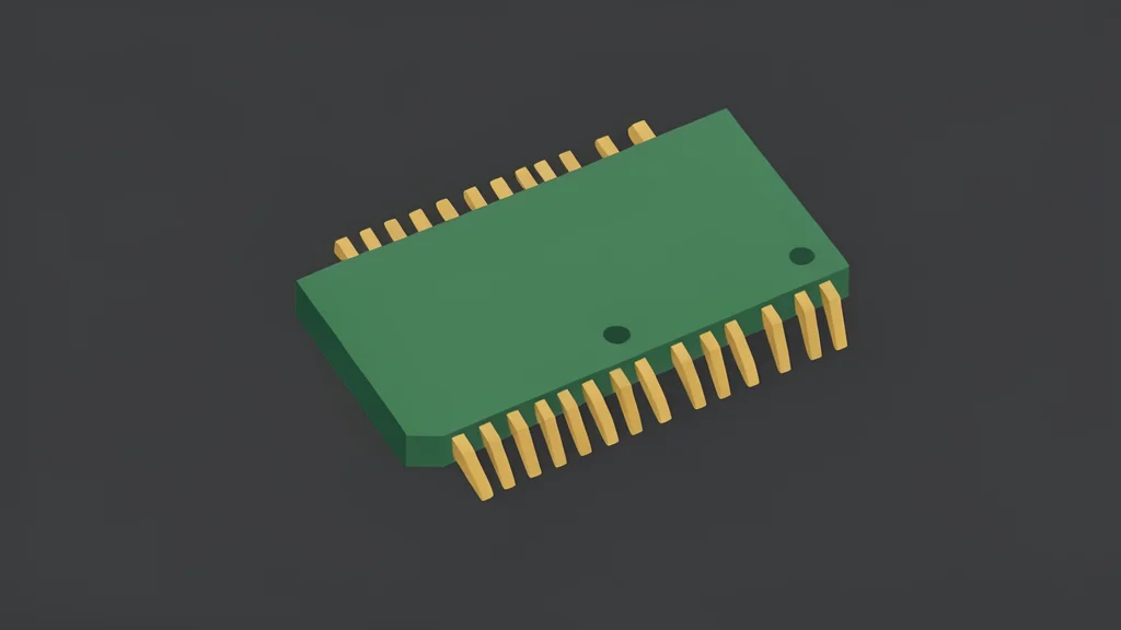 A close-up of a small, rectangular solid-state drive circuit board with gold connector pins, resting on a dark matte surface.
