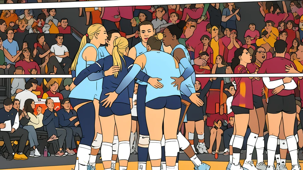 A white volleyball resting on a polished wooden gymnasium floor near a net post