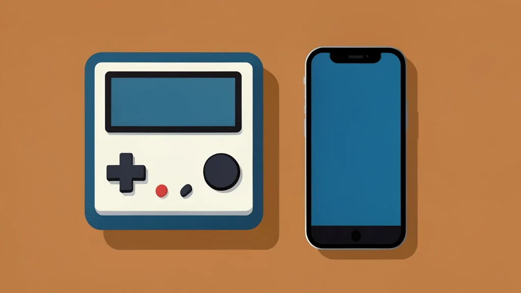 A retro handheld gaming console resting on a wooden desk next to a modern smartphone