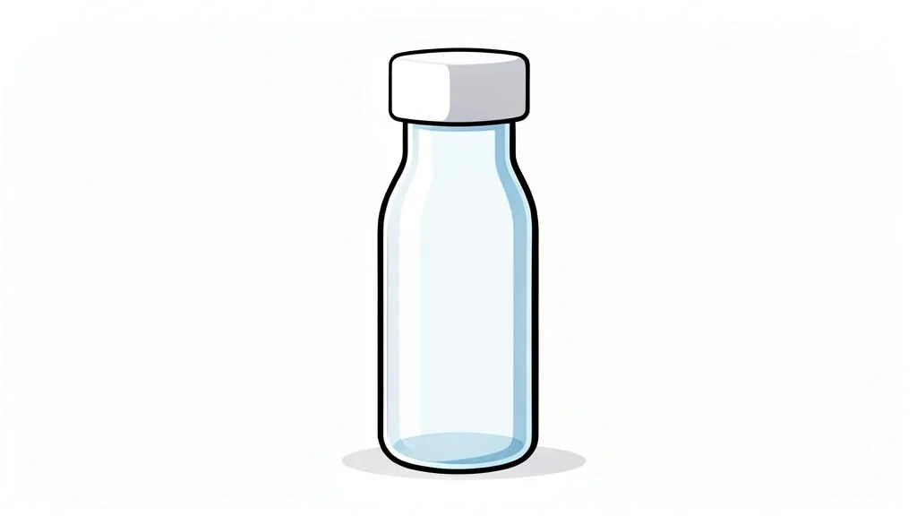 A glass vial containing a clear liquid standing on a white laboratory bench