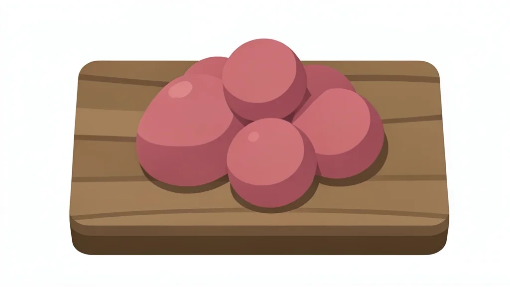 A cluster of fresh meatballs on a wooden cutting board