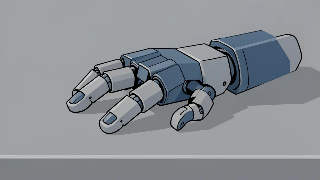 A flat vector illustration of a mechanical robotic hand with articulated fingers resting on a metal workbench.