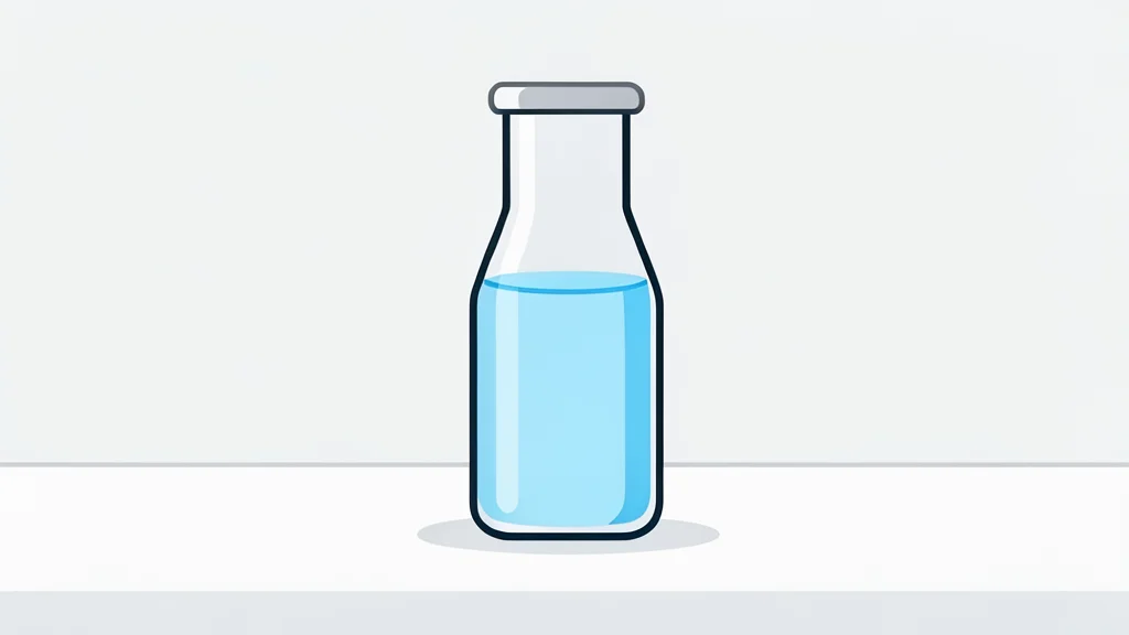 A glass vial containing a clear liquid standing on a white laboratory bench