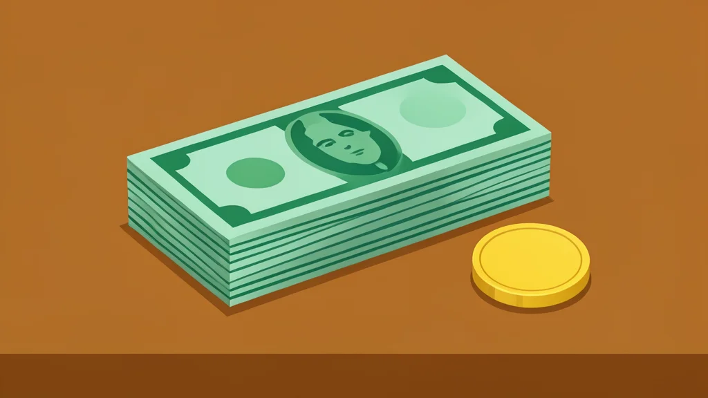 A stack of physical currency bills and a single gold coin resting on a polished wooden desk surface.