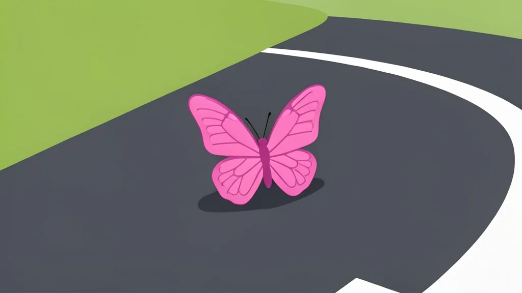 A pink butterfly resting on the curved asphalt of a short oval racetrack