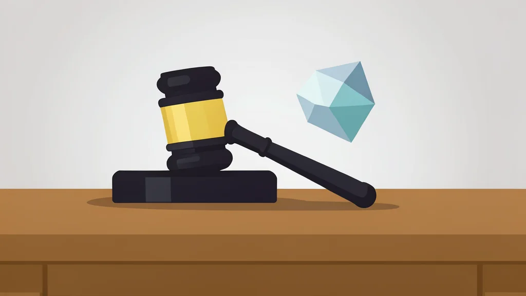 A gavel resting on a wooden desk next to a small, abstract geometric shape representing a digital entity