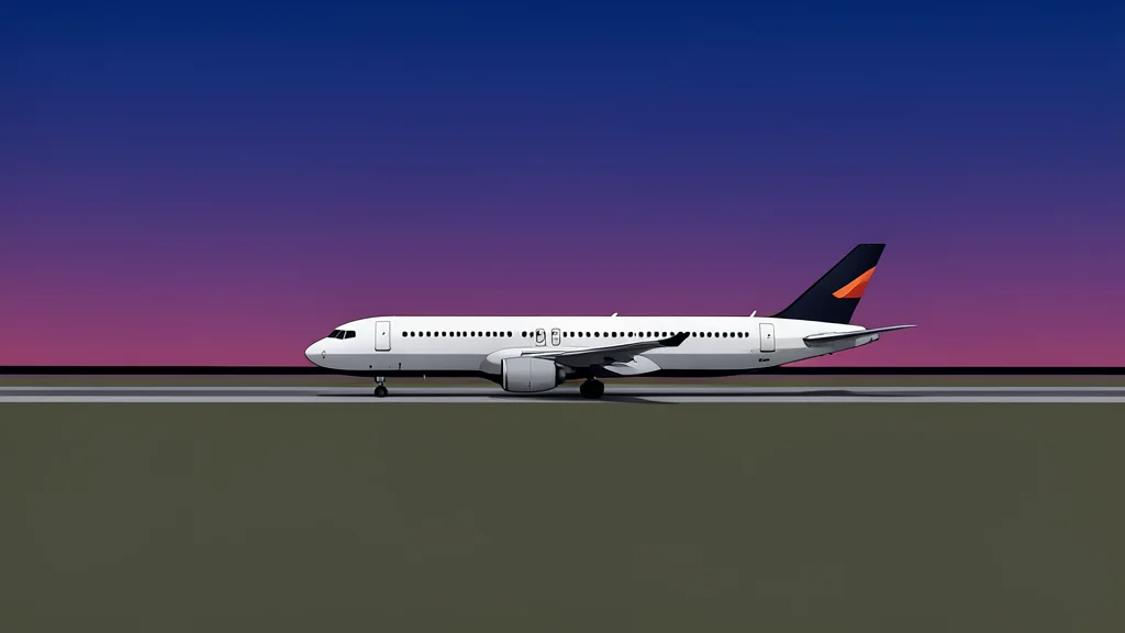 A long, empty airport tarmac at dusk with a single commercial airplane parked on the runway