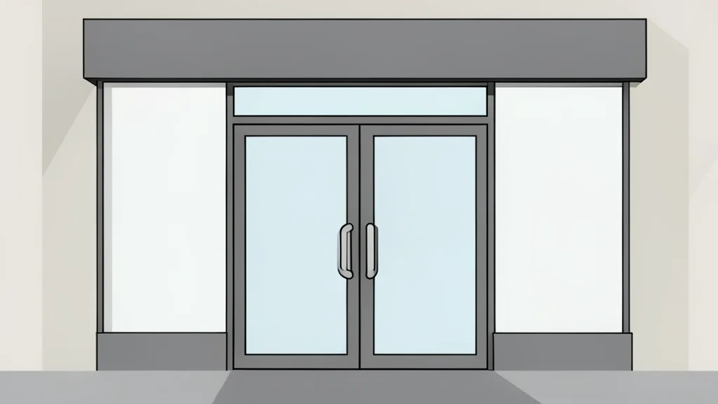 A retail store entrance with glass doors and a display window