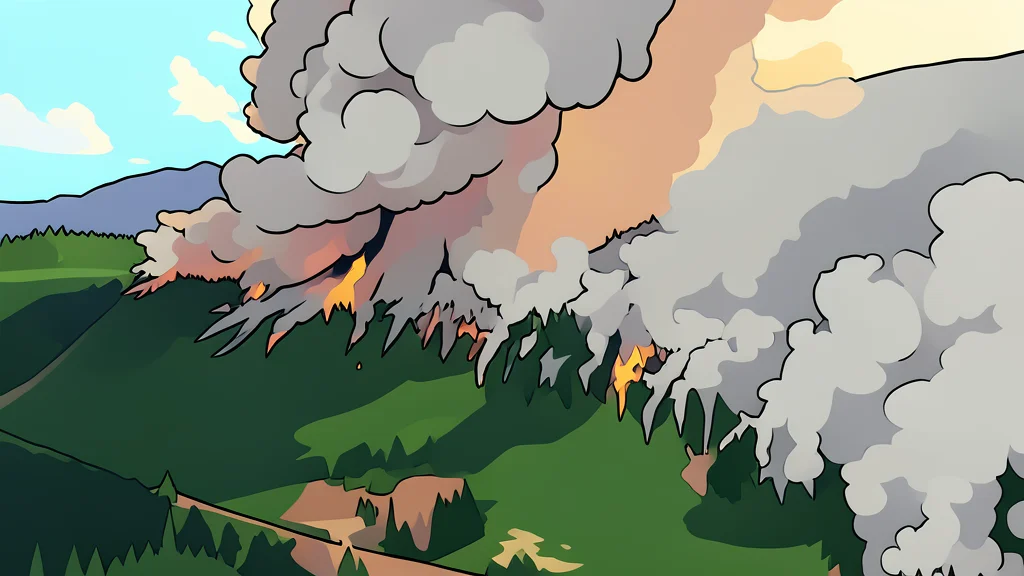 A dense forest canopy with smoke drifting through the trees