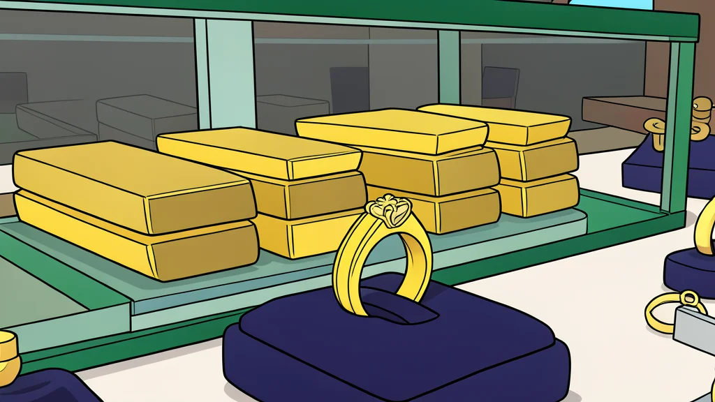 A stack of polished gold bars and a single gold ring resting on a dark wooden surface.