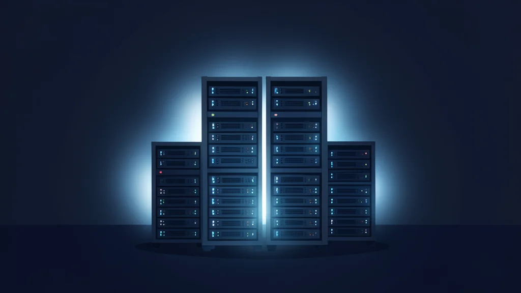 A cluster of small, glowing server racks in a dark room