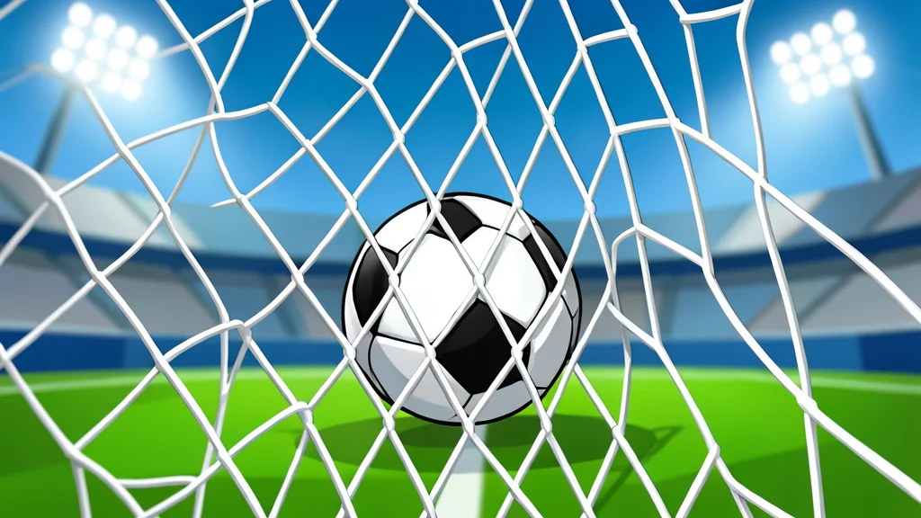 A football resting on the grass of a stadium pitch under floodlights