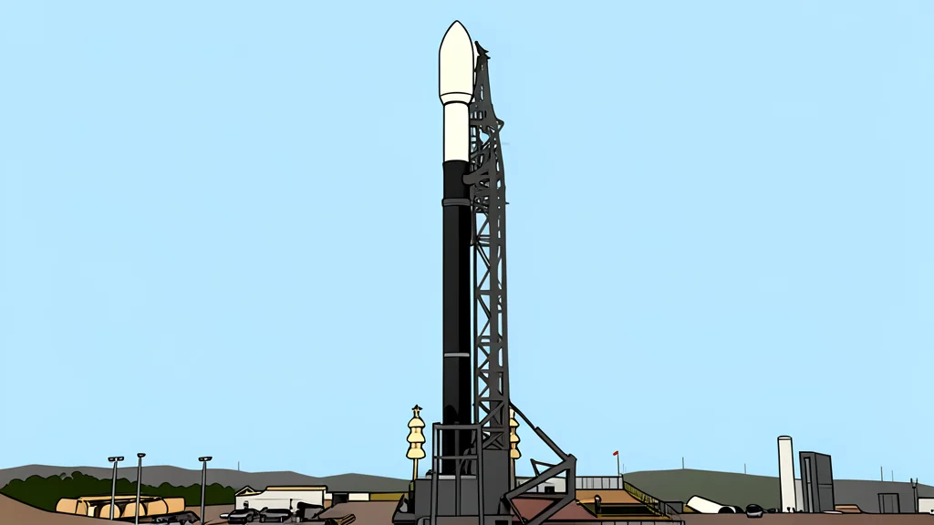 A white rocket standing vertically on a concrete launch pad against a twilight sky