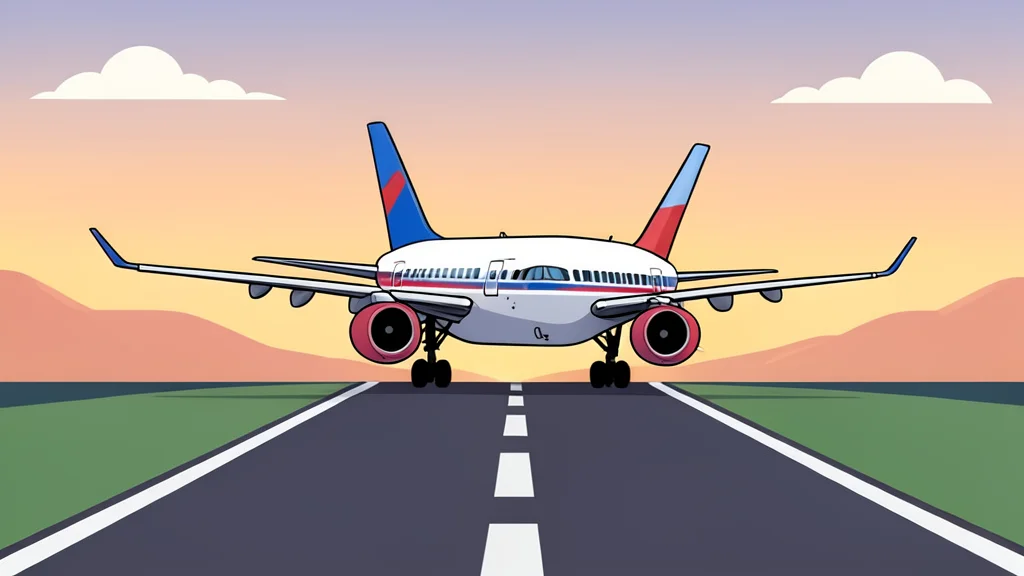 A commercial jet aircraft taking off from a runway at dawn