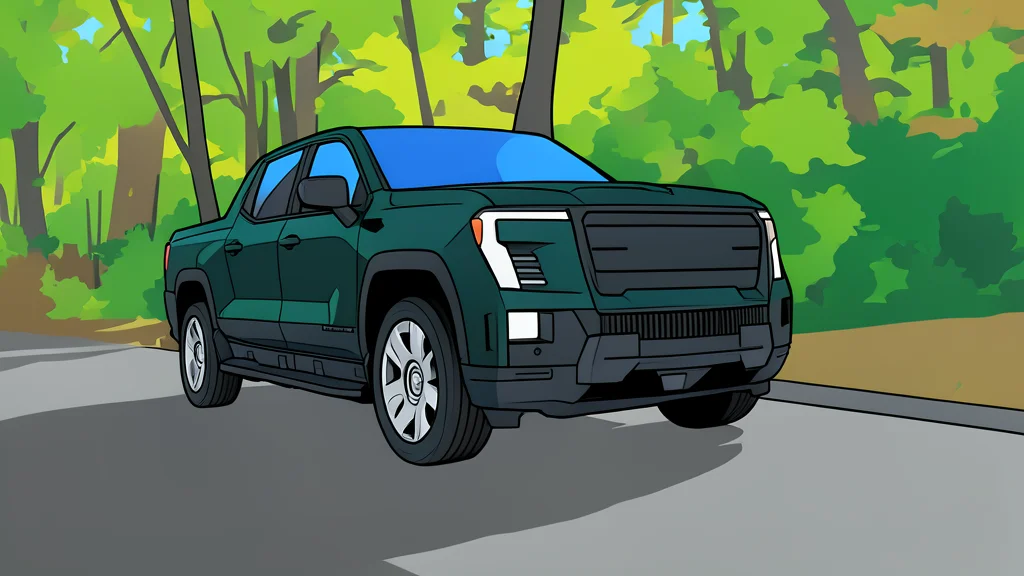 A large electric pickup truck parked on a gravel road with a charging cable connected to its side port