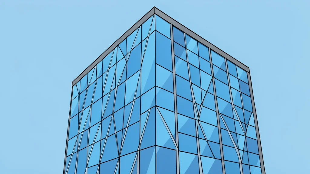 A modern glass office building with a geometric facade
