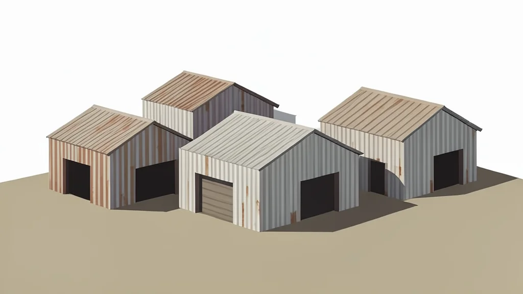 A cluster of small, weathered industrial warehouses with corrugated metal siding and loading docks.