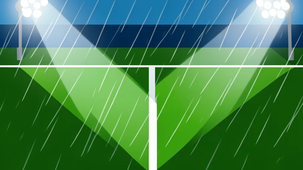 A wet, green football pitch under stadium floodlights with rain streaks visible in the air
