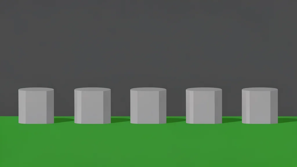 A row of large, cylindrical missile silos emerging from a flat, grassy field under a grey sky