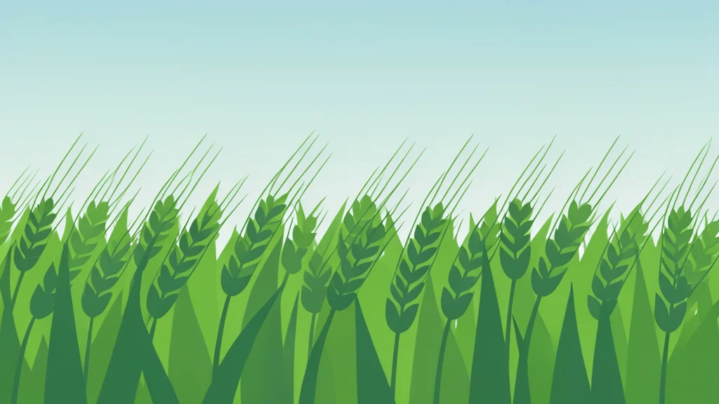 A field of green wheat stalks swaying in the wind