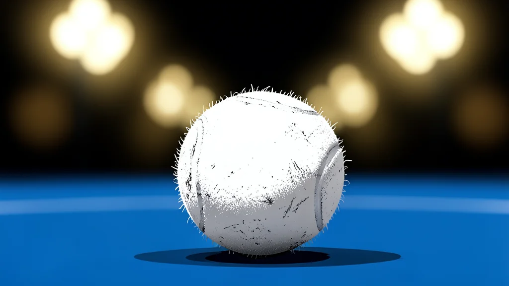 A pristine white tennis ball resting on a blue hard court surface