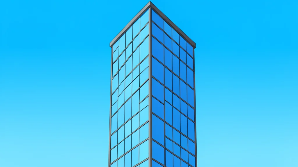 A modern glass skyscraper reflecting a clear blue sky