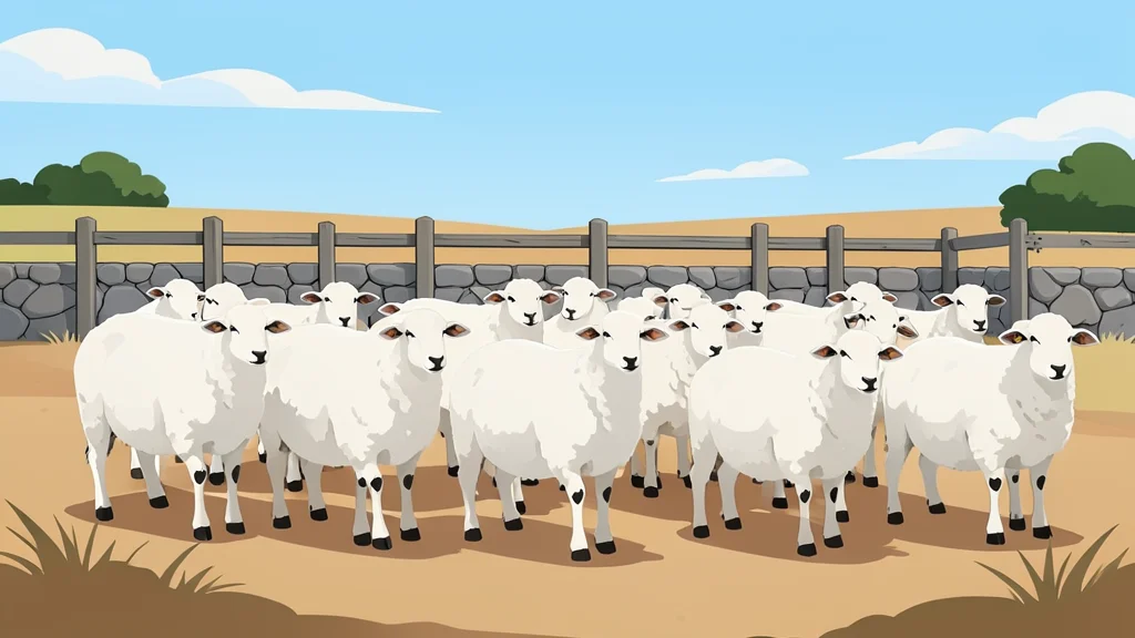 A flock of sheep standing in a dusty field near a stone fence
