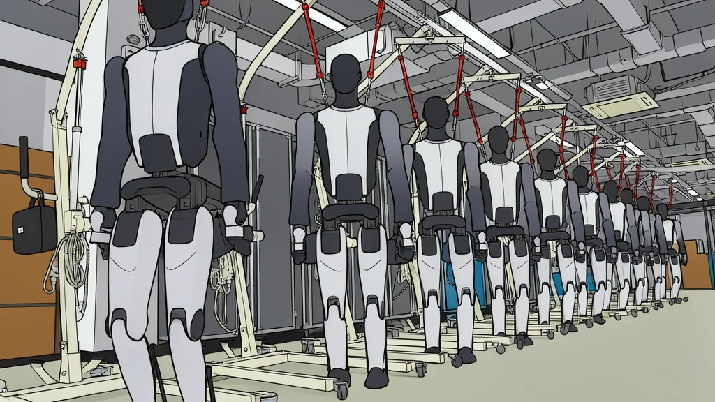 A clean, wide industrial factory floor with rows of white humanoid robots standing on assembly lines.