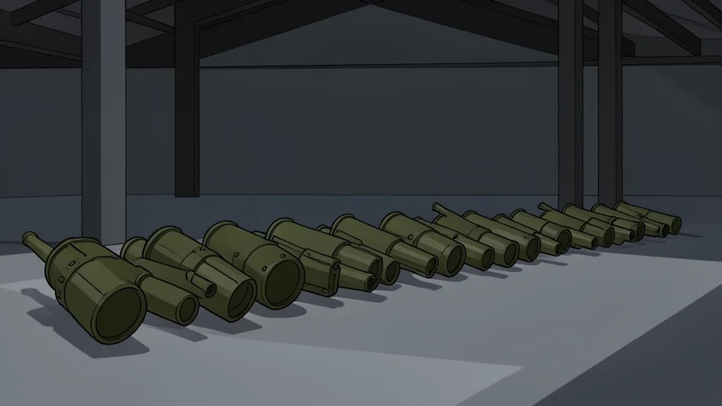 A row of unspent artillery shells resting on a concrete floor in a dimly lit warehouse