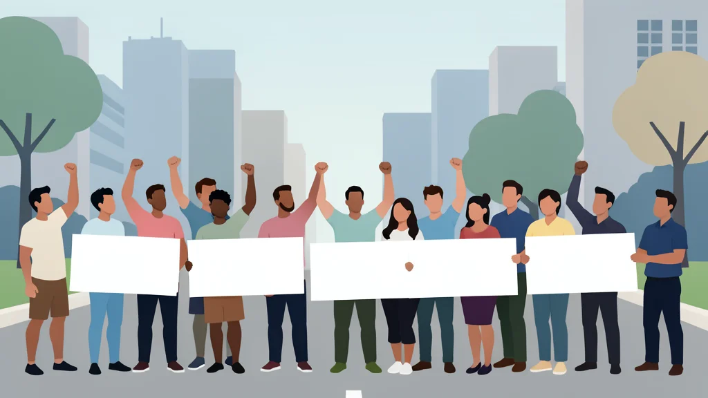 A paved city street with a crowd of people holding raised fists and blank white placards