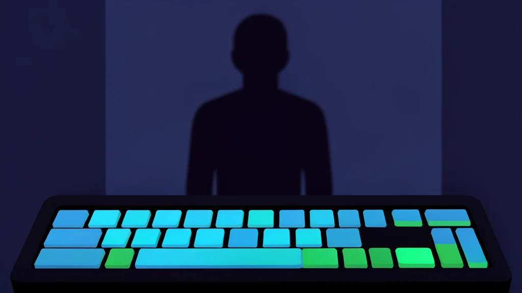 A darkened computer keyboard with glowing keys and a blurred silhouette of a person in the background