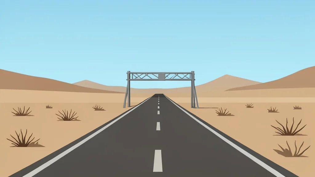 A dusty desert landscape with a paved road leading to a border crossing gate