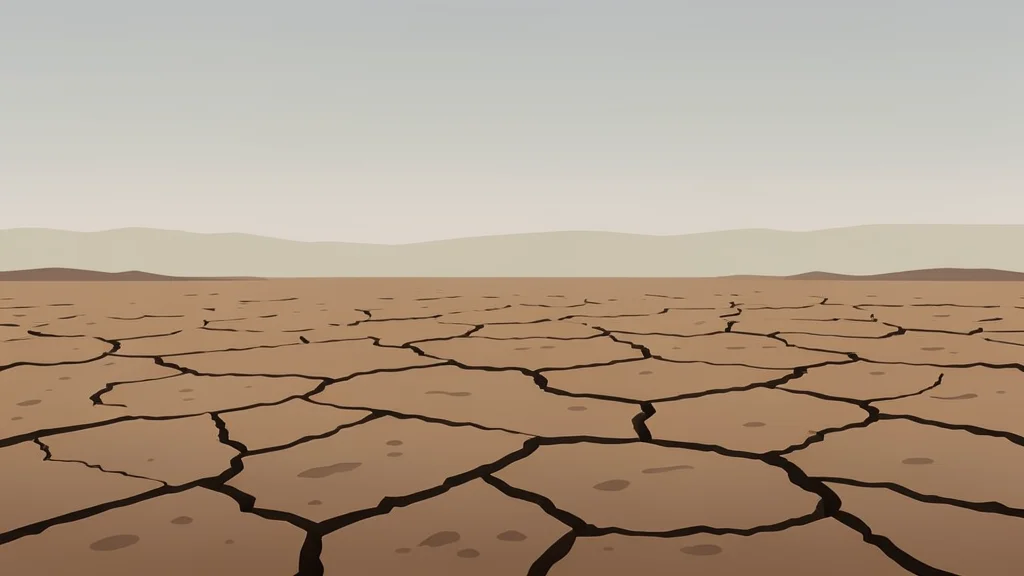 A dusty, cracked earth landscape stretching toward a distant horizon under a hazy sky