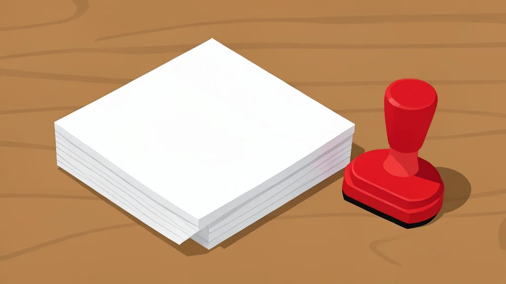 A stack of white paper documents resting on a wooden desk next to a red rubber stamp