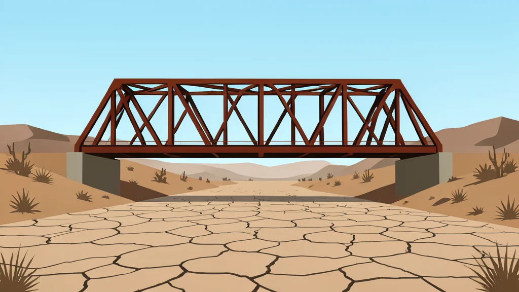 A rusted steel border bridge spanning a dry riverbed
